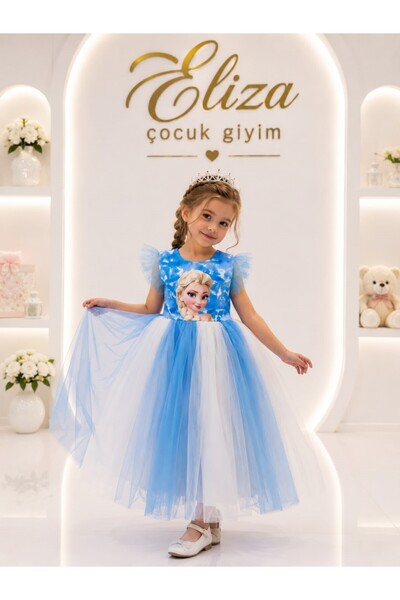 ELSA BASKILI KIZ ÇOCUK TÜLLÜ PRENSES ELBİSE