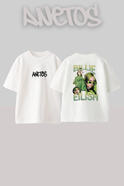 Anetos Billie Eilish_45 Λευκό μπλουζάκι με τυπωμένο σχέδιο Unisex Oversize