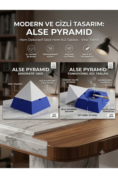 Alse3D Piramit Kapaklı Kül Tablası - Gizli Dekoratif Küllük Rüzgar Geçirmez M...