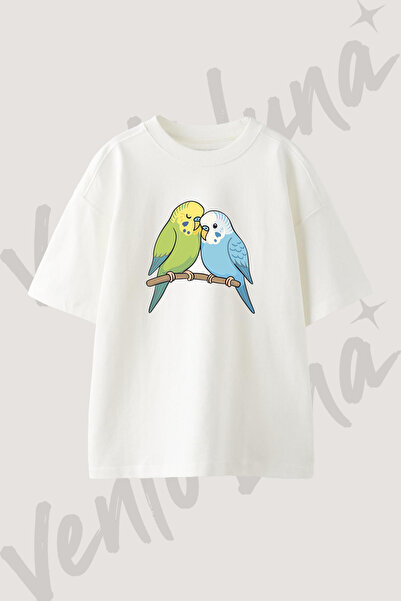 Vento Luna Muhabbet Kusu_1 Tasarım Baskılı Unisex Oversize Kalıp Beyaz Tshirt