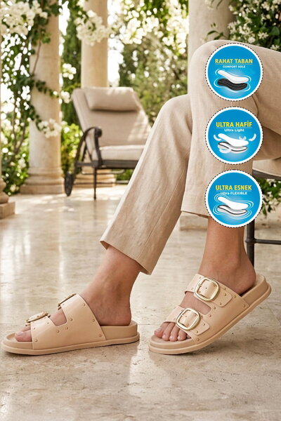 AYAKMOD Beige Double-Striped Lightweight Women's Slippers S-233 Z