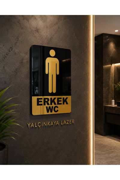 Erkek WC Kapı Tabelası Siyah Parlak Pleksi Gold Aynalı Pleksi Tuvalet Yönlendirme Levhası
