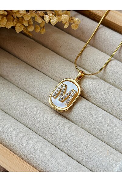 Tiştok accessory KADIN GOLD RERK ZİRKON TAŞLI SEDEFLİ HARF KOLYE ÇELİK ZİNCİR...