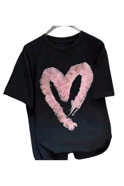 OEM Tricou casual de dama, negru, din lycra, cu design inima din volane 3D, L
