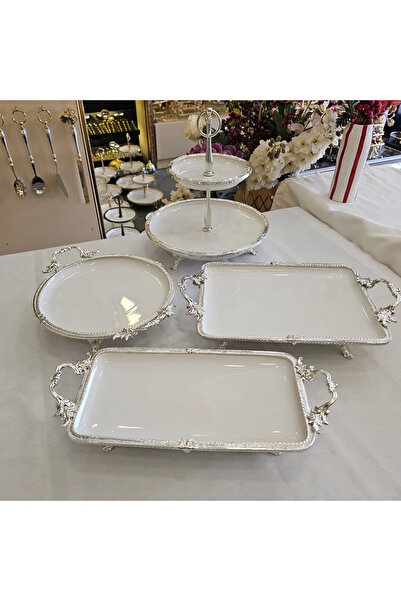 MaviDamla Cast Iron Edged Frame Porcelain Presentation Set with Stands Silver...