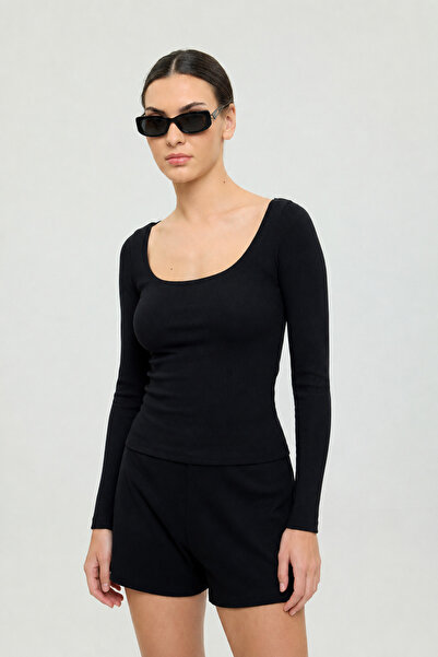 SHEISMONO Soft Rib Oval Neck Blouse Black