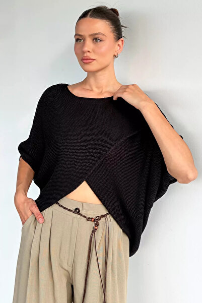 Aryena Black Asymmetrical Cut Knitwear Blouse