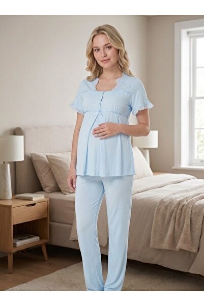 Pelin Women's Blue Linen Scallop Lace New Season 2-Piece Maternity Pajama Set