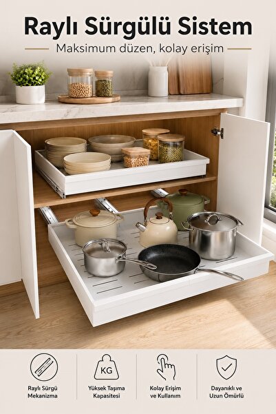 Kitchen Beauty Çok Amaçlı Dolap İçi Raylı Çekmece Düzenleyici Montajsız Mutfa...
