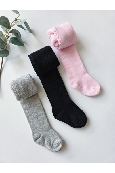 Panfilia Cotton Baby Pantyhose Black-Grey-Pink Set of 3 / Girls Boys Unisex C...