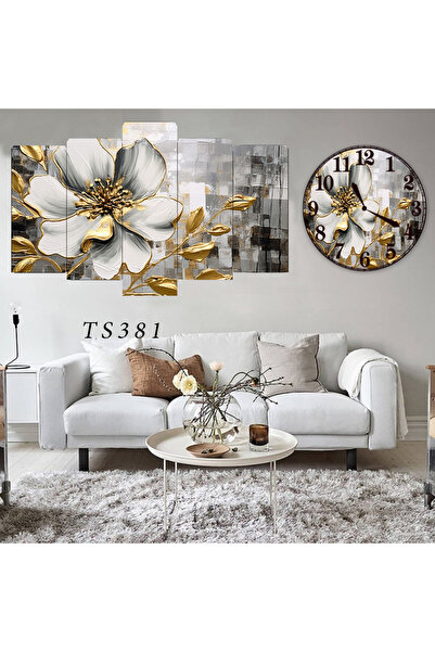 BellaaaModa Çiçekli Dekoratif Desenli Mdf Tablo 5 Parça Set ve Saatli Takım, ...
