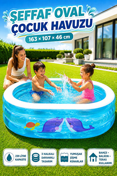TRENDZONE Balık Desenli Şeffaf Oval Çocuk Havuzu 163×107×46 cm – 3 Halkalı Da...
