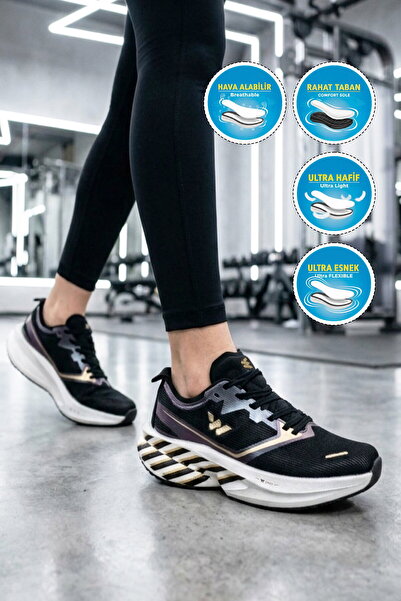 WALKWAY Black-Gold Lightweight Flexible Breathable Unisex Running, Walking an...
