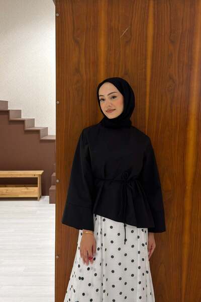 Faya Boutique Siyah Poplin İnce Kemerli Asimetrik Eliane Bluz
