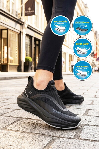 WALKWAY Black-Dark Gray Memory Sole Lightweight Flexible Breathable Unisex Sp...