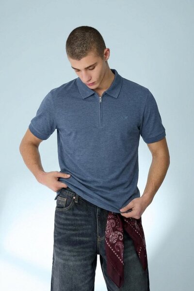 DAMGA JEANS Ανδρικό μπλουζάκι casual μπλε με φαρδύ γιακά πόλο