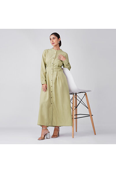 LINELLE Cream Solid Band Collar Crunched Maxi Dress