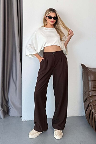 JEE LEE Women's Elastic Waist Double Pocket Wide Leg Pants Brown - 4057