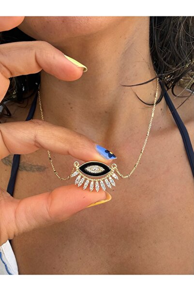 Merishe Jewerly Gold Siyah Göz Zirkon Taşlı Paslanmaz Çelik
