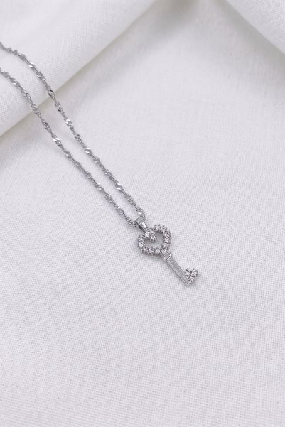 özgül takı ve tasarım Key Model Zircon Stone Silver Color Stainless Steel Women's Necklace