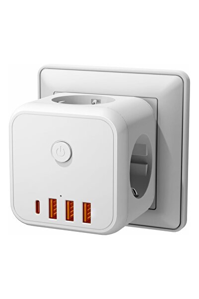 NEXTLY Adaptor universal de priză 7-în-1 NEXTLY, 3 Schuko, 3 USB-A, USB-C, Alb