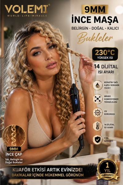 VOLEMİ V-0115 Profesyonel 9 mm (Afro Dalga) İnce Maşa Seramik Saç Bukle Maşası 230°C 14 Dijital Isı Ayarlı Keratin Yağlı UV Korumalı