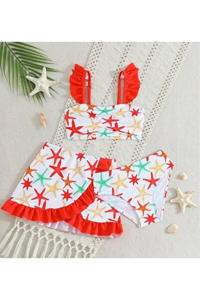 ARBİ kids Girl's Red Three-Piece Skirted Swimsuit with Sea Star Pattern