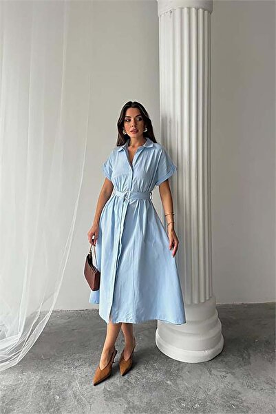 MyLoore Women's Blue Poplin Fabric Belted Dress Mlb211