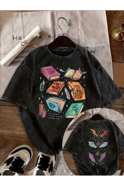 Ryam Mooda Vintage Washed Anthracite Gothic Spider Print Unisex Wide Fit Over...