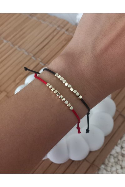 BNG AKSESUAR Adjustable Red & Black Double String Bracelet with Gold Cube Detail |   Minimal Handmade Unisex Bracelet
