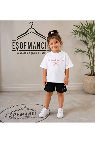 Eşofmancım Girl's Summer Shorts T-Shirt Set with Ribbon and Printed Text