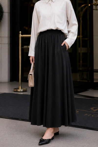 İmajButik Μαύρη φούστα Tencel με ελαστική μέση και τσέπες