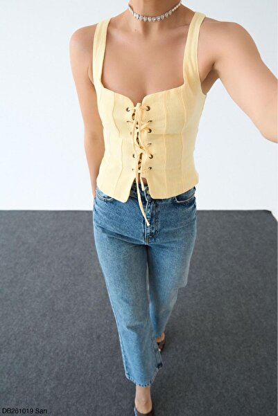 CADDELAMODA Bird's Eye Lace-Up Linen Vest with Back Zipper