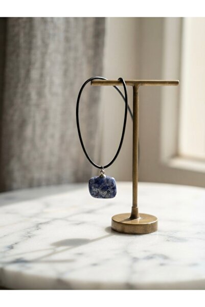 Meneva Aksesuar Raw Cut Sodalite Natural Stone Leather Cord Necklace