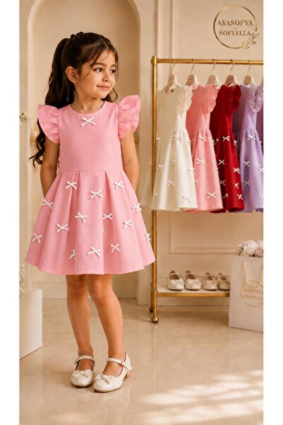 SOFYELLA Ayasofya Girl's Pink Bow Detailed Stylish Dress
