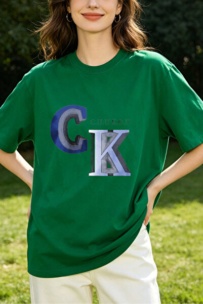 Fleck Womens T Shirts CK Logo Graphic Oversized Casual Style Green Color Fash...