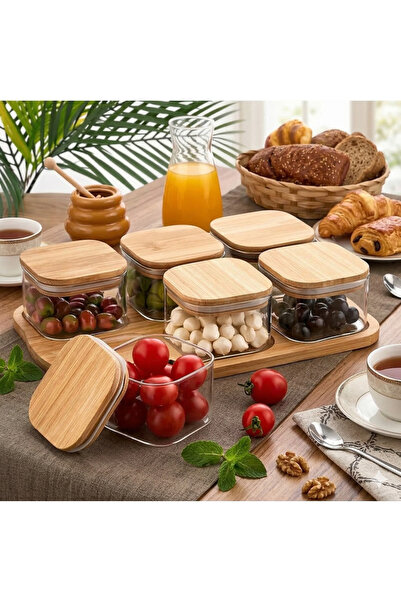 Empressco Bambu Kapaklı 6’lı Vakumlu Cam Kahvaltı ve Çerezlik Sunum Seti