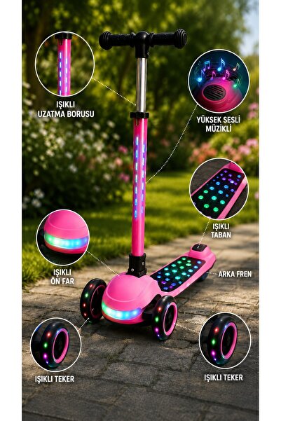 Genel Markalar Işıklı Müzikli 3 Tekerlekli Çocuk Scooter, Led Tekerlekli, Işıklı Tabanlı, Arka Frenli Scooter 3+ Yaş