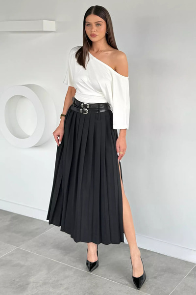 Aryena Black Women's Pleated Skirt with Belt Accessory and Slit Detail