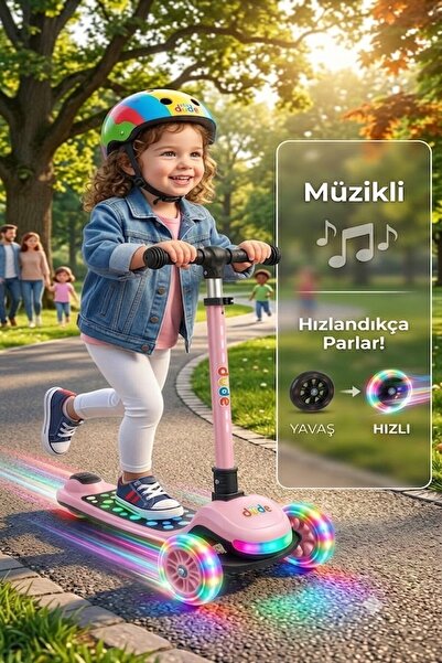 PlayZen Işıklı Müzikli 3 Tekerlekli Çocuk Scooter, Led Tekerlekli, Işıklı Tab...