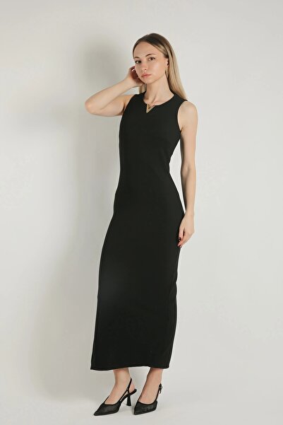 Veni Life Women's Slit Bodycon V Accessory Detailed Sleeveless Long Dress