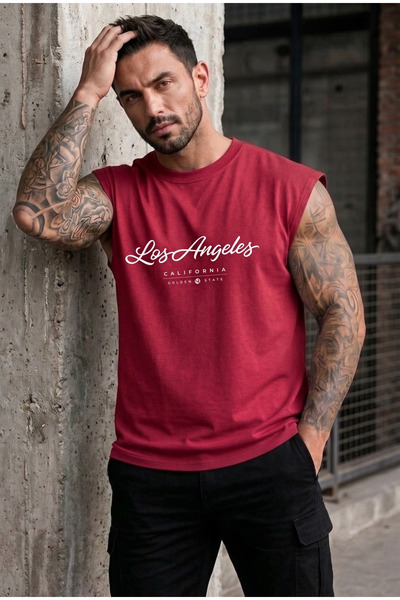 BUWOM Men's Golden Los Angeles Zero Sleeve Crew Neck T-Shirt