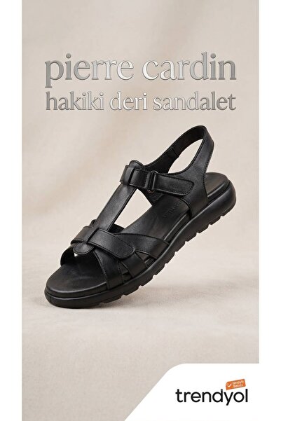Pierre Cardin Flat Sole Genuine Leather Comfortable Women's Black Sandals