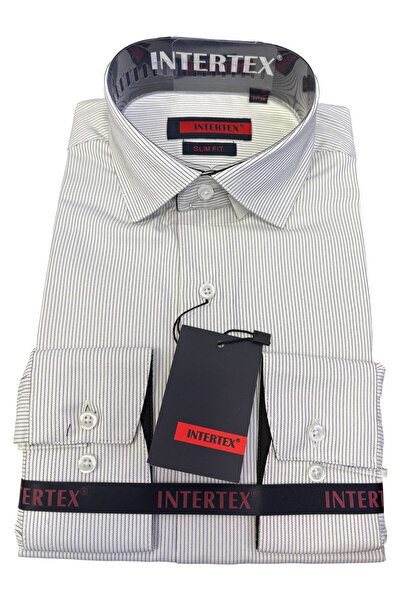 OEM Camasa cu maneca lunga barbati, alba cu dungi negre fine, slim fit, bumba...