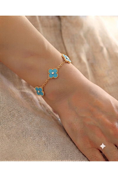 Nazellaa 316L Steel Chain Gold Stone Baby Blue Color Clover Women's Bracelet