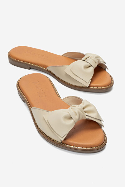 MANCORIGO Genuine Leather Women's Crema Bow Slippers Summer