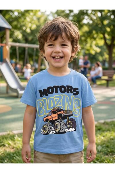 difa kids Erkek Çocuk Monster Truck "Motors Blazing" Baskılı Pamuklu Tişört