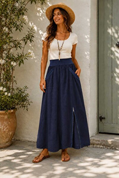 Butik Şans Women's Zipper Detailed Elastic Waist Italian Linen Skirt with Poc...