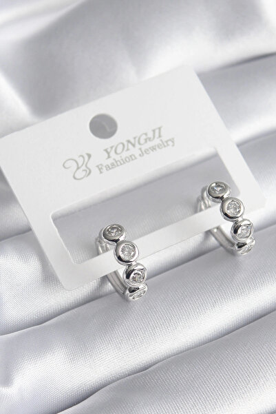 ARMÜZ Brass Silver Color Zircon Stone Women's Earrings