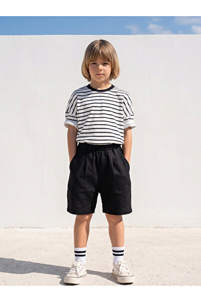 Catz Kids Boy's Black Linen Shorts Black and White Pinstripe Combed Cotton T-...